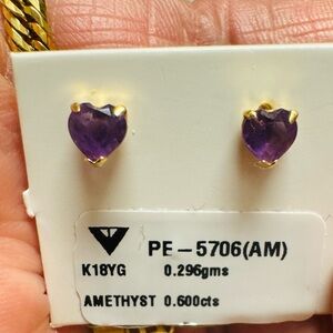 K18 Japan Gold Amethyst Stud Heart Earrings